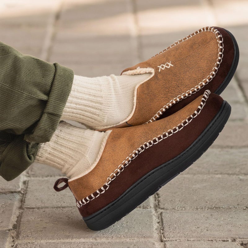 EverFoams Men's Moccasin Slippers Memory Foam Indoor/Outdoor Warm Suede House Shoes with Fuzzy Sherpa Lining (Tan, Size 11 M US) - Image 2